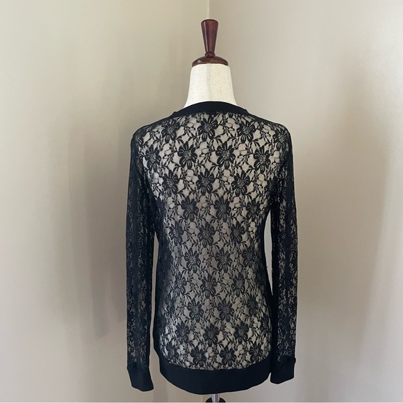 XXI F21 Black Lace Long Sleeve Pocket Front Cardigan Sweater Medium - Picture 5 of 7